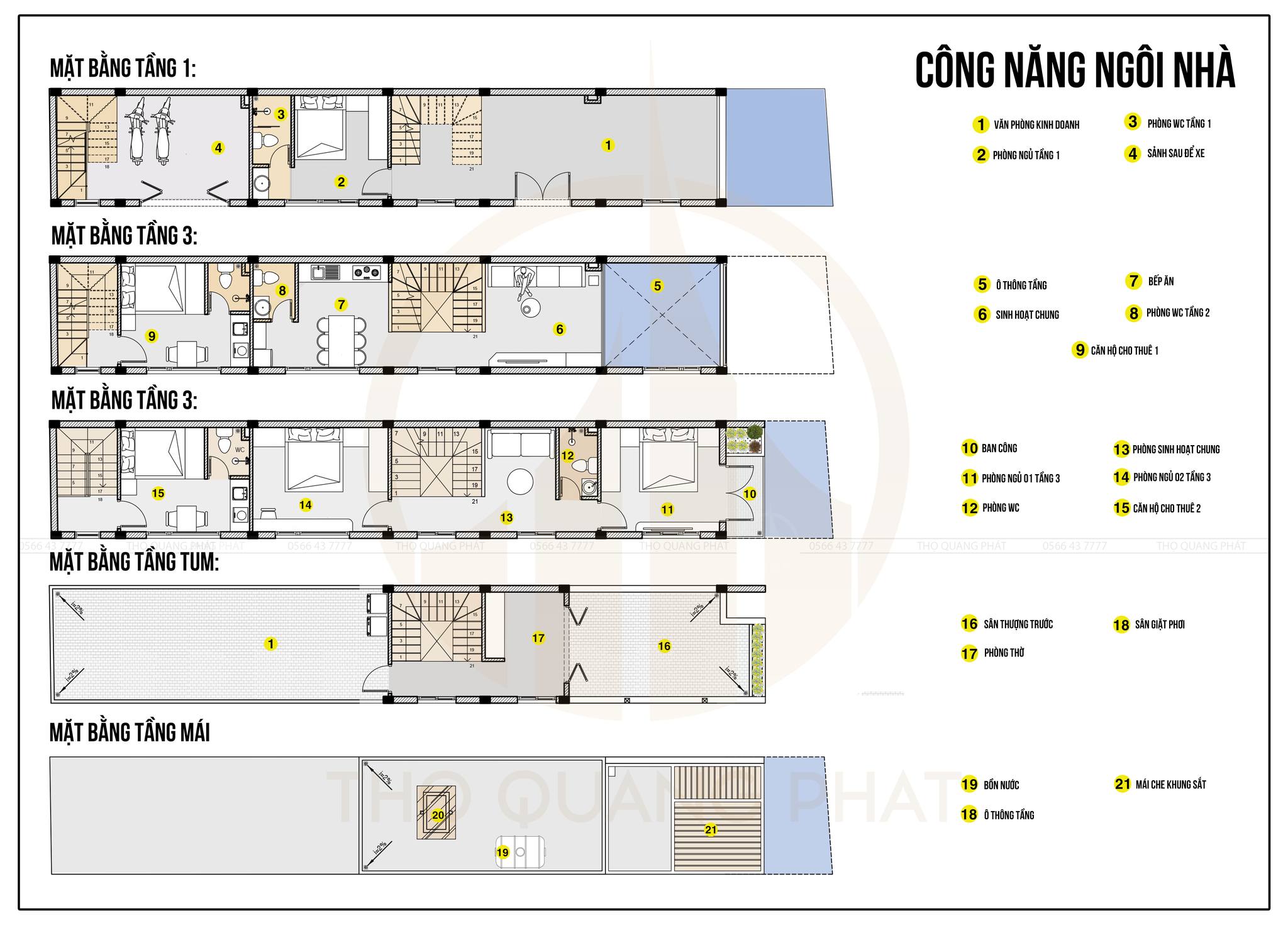 Công năng Nhà phố kết hợp căn hộ cho thuê 3 tầng 1 tum