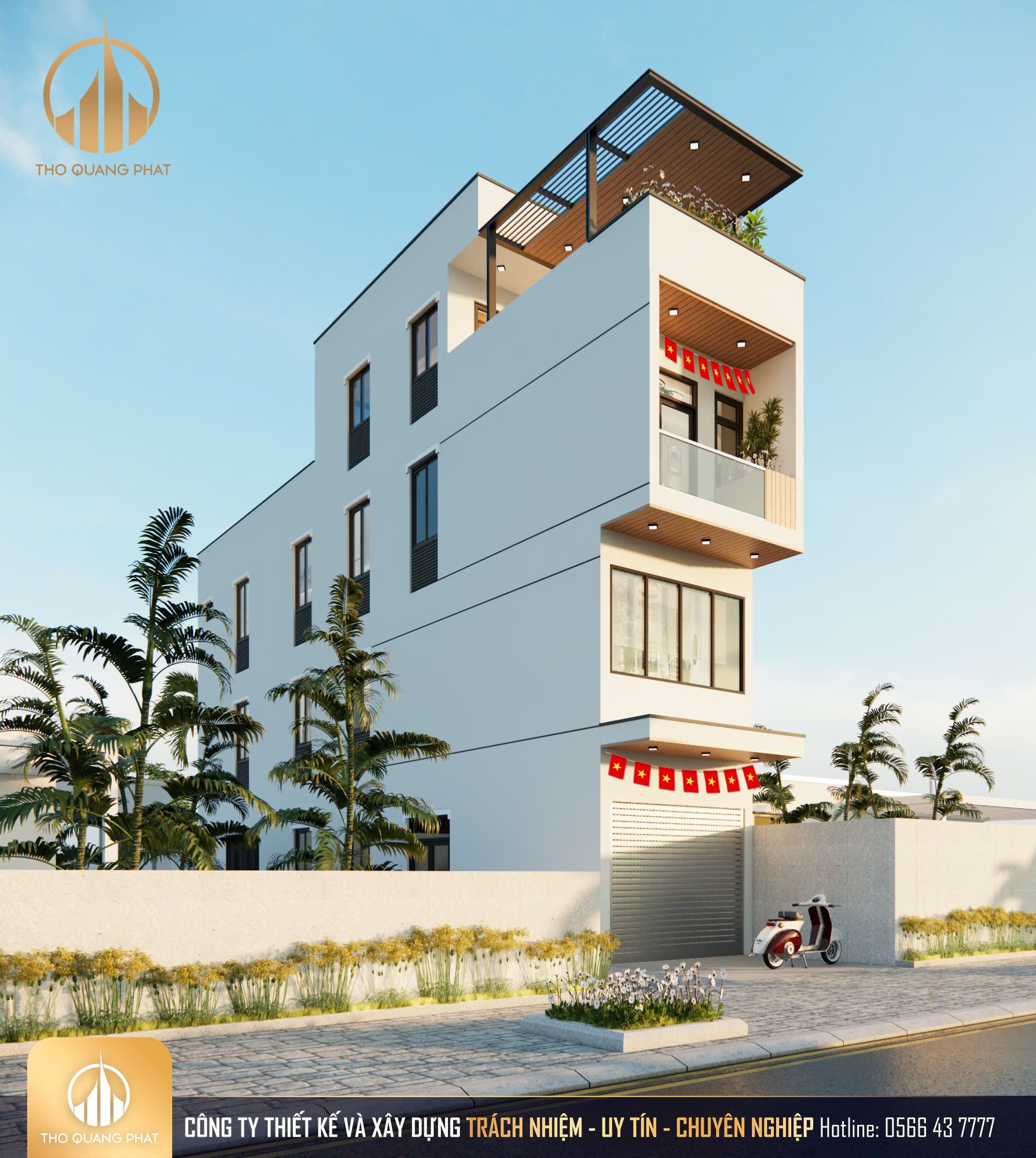 Mặt tiền thiết kế 3D Nhà phố kết hợp căn hộ cho thuê 3 tầng 1 tum